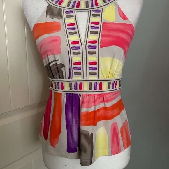 BCBG Max Azria Banded Crew Neck Sleeveless Multi-Stripe Top with Small Peplum XS - Picture 2 of 13